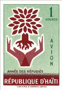 Stamp, Uprooted Oak emblem and hands, Haiti,  , Aid to Refugees, Hands, International Years, Refugees, Stylized Plants
