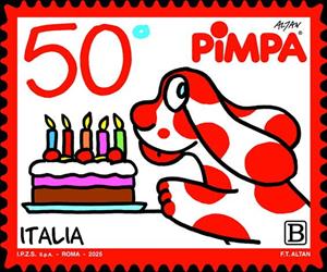 Stamp, Pimpa, 50th anniversary., Italy,  , Cakes, Cartoons, Dogs, Lamps and Candles