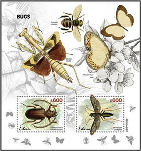 Souvenir Sheet, Cantharocnemis burchelli insignis and Hemipepsis prodigiosa, Liberia,  , Animals (Fauna), Beetles, Insects