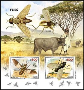 Souvenir Sheet, Chrysops nigriflava and Liriomyza huidobrensis, Liberia,  , Animals (Fauna), Cattle, Insects