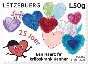 Stamp, Een Häerz fir kriibskrank Kanner Charity, 25 Years, Luxembourg,  , Anniversaries and Jubilees, Cancer (Disease), Charity, Hearts