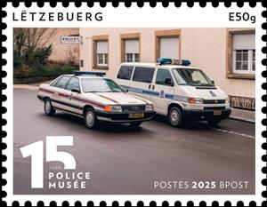 Stamp, Police Museum, 15 Years, Luxembourg,  , Anniversaries and Jubilees, Cars, Museums, Police, Vehicles