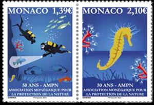 Se-tenant, Monaco Nature Protection Association, 50 Years, Monaco,  , Animals (Fauna), Corals and Sponges, Diving (Scuba-Snorkelling), Sea Life, Seahorses
