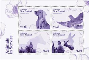 Souvenir Sheet, Animals in Service, New Zealand,  , Animals (Fauna), Birds, Dogs, Donkeys, Horses, Mammals, Pigeons