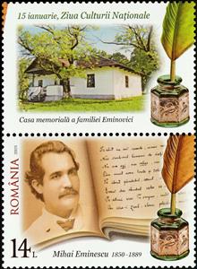 Stamp with Attached Label, Mihai Eminescu, Excerpt from The Prayer of a Dacian, Romania,  , Authors, Famous People, Feathers, Houses, Literary People (Poets and Writers), Literature, Men