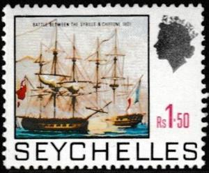 Stamp, Battle between the sailing vessels Sybille and Chiffone, Seychelles,  , Naval Battles, Ships, Warships