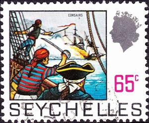 Stamp, Corsairs attacking merchantman, Seychelles,  , Pirates, Ships, Warships
