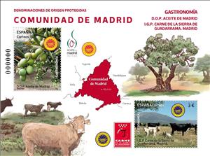 Souvenir Sheet, Protected Foods of the Madrid Community, Spain,  , Cattle, Gastronomy, Mammals, Maps, Olives, Plants (Flora)