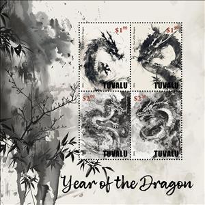 Mini Sheet, Year of the Dragon, Tuvalu,  , Animals (Fauna), Chinese New Year, Chinese Zodiac, Dragons, Stylized Animals