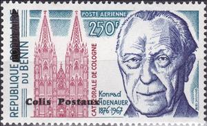 Stamp, Kölner Dom/Konrad Adenauer, Benin,  , Anniversaries and Jubilees, Churches - Cathedrals - Basilicas - Chapels, Famous People, Heads of State, Politicians