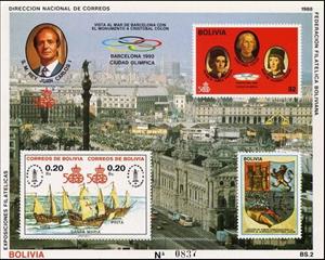Souvenir Sheet, Olympic Games Barcelona 1992, Bolivia,  , Famous People, Heads of State, Kings, Olympic Games, Sailing Ships, Ships, Sports, Townscapes / City Views