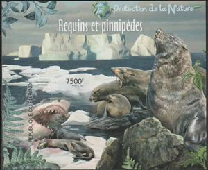 Souvenir Sheet, Charcharodon carcharias, Burundi,  , Animals (Fauna), Mammals, Sea (Marine) Mammals, Sea Life, Seals (Animals), Sharks