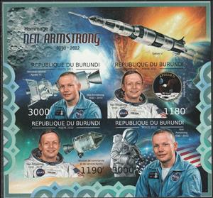 Mini Sheet, Neil Armstrong (1930-2012), Burundi,  , Astronauts, Famous People, Outer Space, Space Traveling