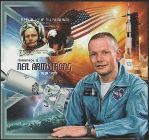 Souvenir Sheet, Neil Armstrong (1930-2012), Burundi,  , Astronauts, Famous People, Outer Space, Space Traveling