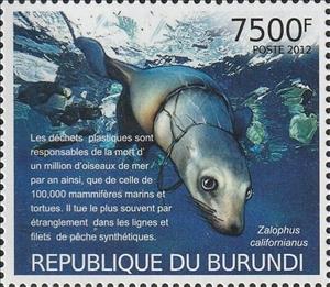 Stamp, Pollution: Plastic in the Oceans, Burundi,  , Animals (Fauna), Environment Protection, Sea Life, Seals (Animals)