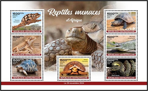 Souvenir Sheet, Endangered Reptiles, Central African Republic,  , Amphibians, Animals (Fauna), Crocodiles, Lizards, Reptiles, Snakes, Turtles