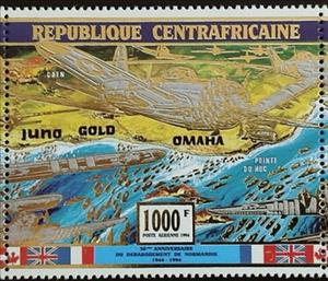 Stamp, Fighter planes over Juno, Gold and Omaha beaches. c, Planes…, Central African Republic,  , Aircraft, Anniversaries and Jubilees, Aviation, Flags, Second World War