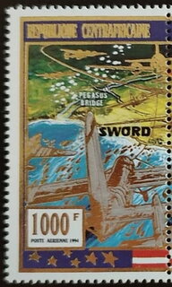 Stamp, Gliders over Pegasus Bridge, Sword beach, Central African Republic,  , Aircraft, Anniversaries and Jubilees, Aviation, Flags, Second World War