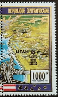 Stamp, Planes over Utah beach, St. Mere Eglise, Central African Republic,  , Aircraft, Anniversaries and Jubilees, Aviation, Flags, Second World War