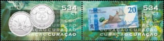 Se-tenant, 25 Cent Coin and 20 Guilder Banknote, Curaçao,  , Banknotes, Coins