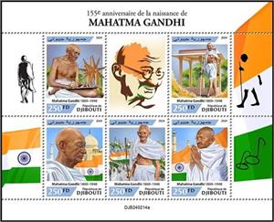 Mini Sheet, 155th Anniversary of the Birth of Mahatma Gandhi, Djibouti,  , Anniversaries and Jubilees, Revolutionaries