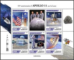Mini Sheet, 55th Anniversary of the Apollo 11 Landing on the Moon, Djibouti,  , Anniversaries and Jubilees, Космический корабли