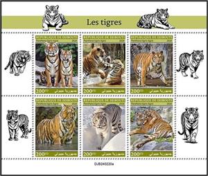 Mini Sheet, Tigers (Panthera tigris tigris), Djibouti,  , Tigers, Wild Cats