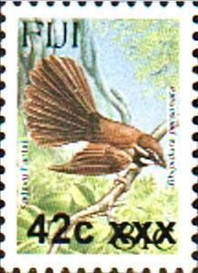 Stamp, Kadavu Fantail (Rhipidura personata) Surcharged, Fiji,  , Animals (Fauna), Birds, Fishes, Herons, Palm-trees