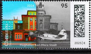 Stamp, Chemnitz (Karl-Marx-Stadt) Airport, 1957 and 2024, Germany, Federal Republic,  , Aircraft, Airports, Aviation