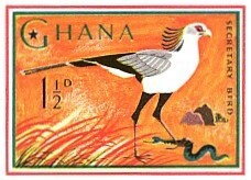Stamp, Secretary Bird (Sagittarius serpentarius), Ghana,  , Animals (Fauna), Birds, Birds of Prey