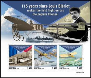 Mini Sheet, 115th Anniversary of Louis Blériot Makes the First Flight, Liberia,  , Anniversaries and Jubilees, Pilots