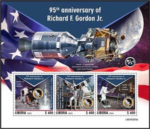 Mini Sheet, 95th Anniversary of the Birth of Richard F. Gordon Jr., Liberia,  , Anniversaries and Jubilees, Astronauts