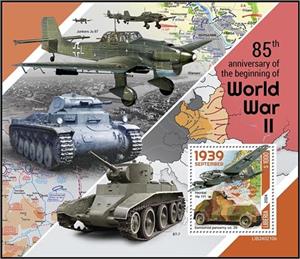 Souvenir Sheet, Heinkel He 111 and Samochód pancerny wz. 29, Liberia,  , Anniversaries and Jubilees, Second World War