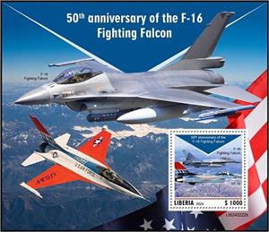Souvenir Sheet, YF-16 and F-16 Fighting Falcon, Liberia,  , Aircraft, Anniversaries and Jubilees
