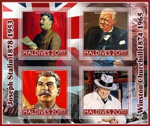 Mini Sheet, Joseph Stalin and Winston Churchill, Maldives,  , Dictators, Famous People, Heads of State, Prime Ministers, Revolutionaries