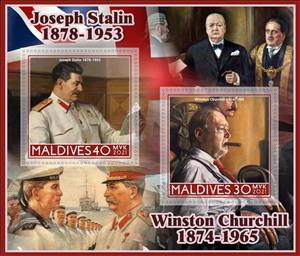 Mini Sheet, Joseph Stalin and Winston Churchill, Maldives,  , Dictators, Famous People, Heads of State, Prime Ministers, Revolutionaries