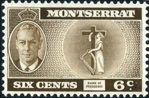 Stamp, Badge of Presidency, Montserrat,  , Famous People, Harps, Heads of State, Kings, Men, Musical Instruments, Royalty