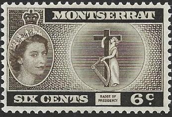 Stamp, Badge of Presidency, Montserrat,  , Crosses, Crowns and Coronets, Famous People, Harps, Heads of State, Musical Instruments, Queens, Royalty