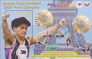 Souvenir Sheet, Carlos Yulo, Double Gold Medalist, Philippines,  , Famous People, Gymnastics, Medals and Marks of Honour, Olympic Games, Sports