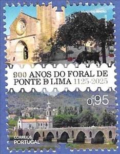 Stamp, Charter of Ponte de Lima, 900 Years, Portugal,  , Bridges, Churches - Cathedrals - Basilicas - Chapels, Townscapes / City Views