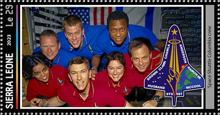 Stamp, Space Shuttle Columbia Crew, Sierra Leone,  , Anniversaries and Jubilees, Astronauts, Outer Space, Space Traveling, Космический корабли