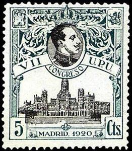 Stamp, VIIth Universal Postal Union Congress, Spain,  , Buildings, Conferences, Famous People, Heads of State, Kings, Post Offices, Royalty, U.P.U.