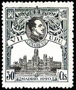 Stamp, VIIth Universal Postal Union Congress, Spain,  , Buildings, Conferences, Famous People, Heads of State, Kings, Post Offices, Royalty, U.P.U.