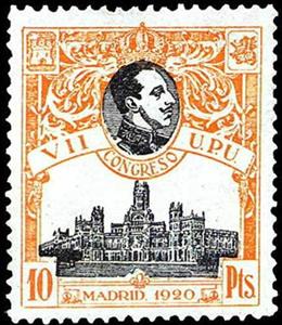 Stamp, VIIth Universal Postal Union Congress, Spain,  , Buildings, Conferences, Famous People, Heads of State, Kings, Post Offices, Royalty, U.P.U.