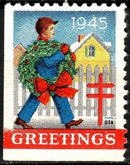 Stamp, Greetings, United States of America,  , Christmas, Men, Tuberculosis / TBC, Wreaths