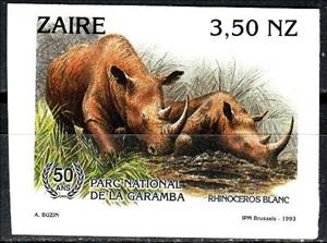 Stamp, White Rhinoceros (Ceratotherium simum), Zaire,  , Animals (Fauna), Anniversaries and Jubilees, Mammals, National Parks, Rhinoceroses
