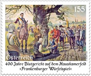 Stamp, Frankenburg Dice Game Tribunal, 400 Years, Austria,  , Animals (Fauna), Anniversaries and Jubilees, Horses, Mammals, Trees
