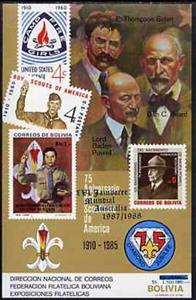 Souvenir Sheet, 1986 World Jamboree Australia 1987-1988, Bolivia,  , Famous People, Scouting, Seals (Emblems), Stamps