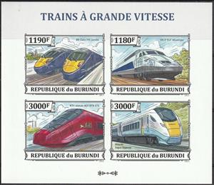 Mini Sheet, High Speed Trains, Burundi,  , Locomotives, Railways, Transport