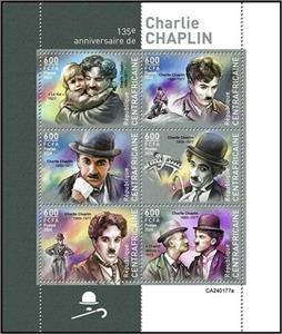 Mini Sheet, 135th Anniversary of the Birth of Charlie Chaplin, Central African Republic,  , Actors, Anniversaries and Jubilees, Authors, Famous People, Literary People (Poets and Writers), Literature